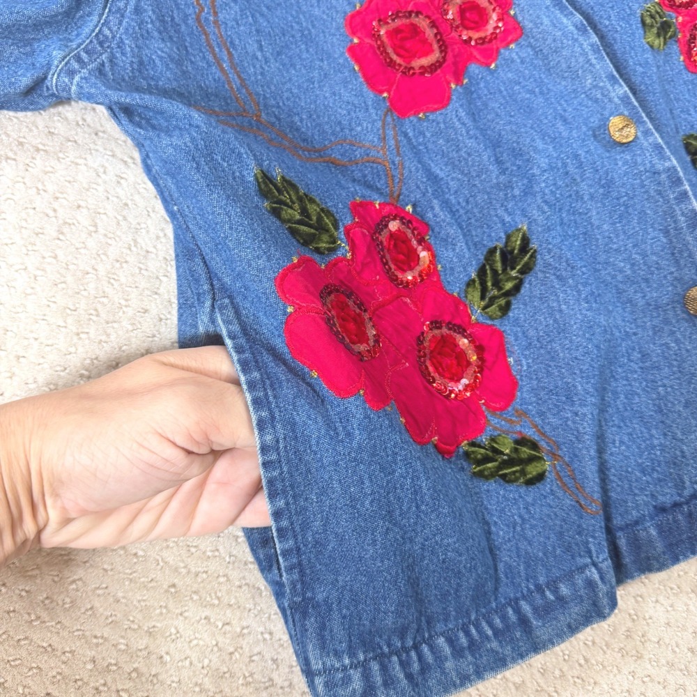 Floral Denim Chore Jacket VTG Tantrums Women SM Cottage Grandma Artsy Shacket - Picture 5 of 11